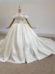 Fit Your Fashion Sense Ivory White Ball Gown Satin Puff Sleeve Beading Backless Wedding Dresses