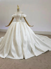 Fit Your Fashion Sense Ivory White Ball Gown Satin Puff Sleeve Beading Backless Wedding Dress