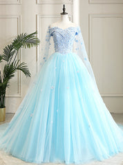 Fit Your Fashion Sense Light Blue Ball Gown Tulle Off the Shoulder Appliques Quinceanera Dresses