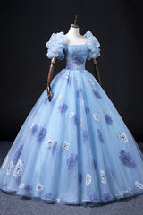 Floral Tulle Long Prom Dresses, Blue Short Sleeve Evening Dresses