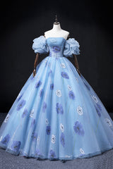 Floral Tulle Long Prom Dresses, Blue Short Sleeve Evening Dresses