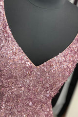 Gorgeous Mermaid V Neck Straps Pearl Pink Sequin Long Prom Dresses, Prom Outfits With Slit