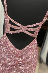 Gorgeous Mermaid V Neck Straps Pearl Pink Sequin Long Prom Dresses, Prom Outfits With Slit