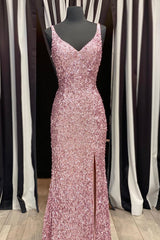 Gorgeous Mermaid V Neck Straps Pearl Pink Sequin Long Prom Dresses, Prom Outfits With Slit