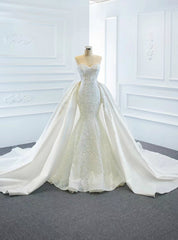 For The Very Best In Unique Or Custom. White Mermaid Lace Sweetheart Satin Wedding Dress With Removable Train