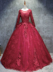 For This Year Biggest Dance Burgundy Ball Gown Long Sleeve Appliques Beading Quinceanera Dresses