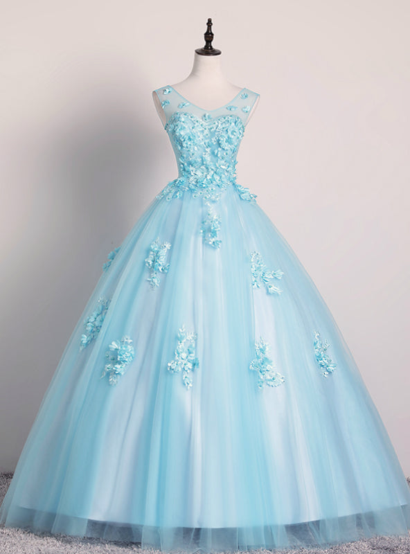 For This Year Biggest Dance Sky Blue Ball Gown Tulle Appliques V-neck Quinceanera Dress