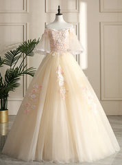 For You Next Prom Dance Champagne Ball Gown Tulle Off the Shoulder Horn Sleeve Quinceanera Dresses