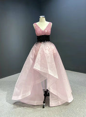 For You Pink  Organza V-neck Heavy Beading Prom Dress