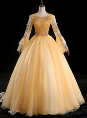 For Your Big Night Gold Ball Gown Tulle Long Sleeve Beading Quinceanera Dresses