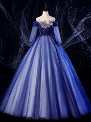 For Your Big Night Navy Blue Ball Gown Tulle Long Sleeve Appliques Quinceanera Dresses