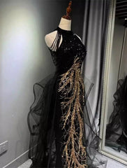 Black Gold Embroidered A-Line Prom Dresses Glittering Dresses Formal Floor Length Sleeveless High Neck Sequined with Glitter Tassel