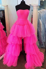 Fuchsia A-line High Low Strapless Tulle Prom Dresses with Ruffles