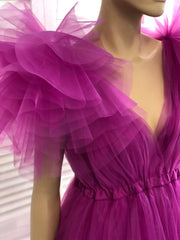 Fuchsia A-line V Neck Tulle Prom Dresses