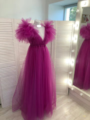 Fuchsia A-line V Neck Tulle Prom Dresses