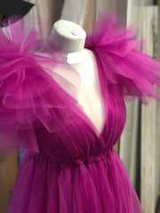 Fuchsia A-line V Neck Tulle Prom Dresses