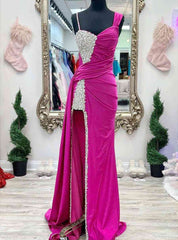 Fuchsia Asymmertrical Beaded Crystal Prom Dresses