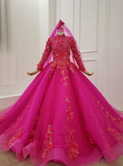 Fuchsia Ball Gown High Neck Long Sleeve Appliques Beading Wedding Dress