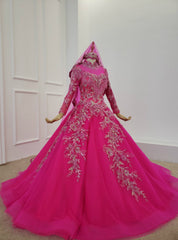 Fuchsia Ball Gown High Neck Long Sleeve Embroidery Appliques Wedding Dresses