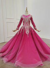 Fuchsia Ball Gown Sequins Long Sleeve Beading Wedding Dress