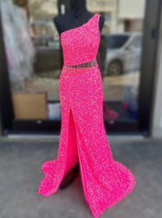 Fuchsia Mermaid Sequins Beading One Shoulder Prom Dresses