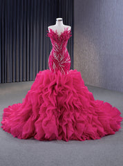 Fuchsia Mermaid Strapless Beading Prom Dresses