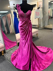 Fuchsia One Shoulder Satin Flower Prom Dresses