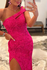 fuchsia one shoulder sequins prom dress