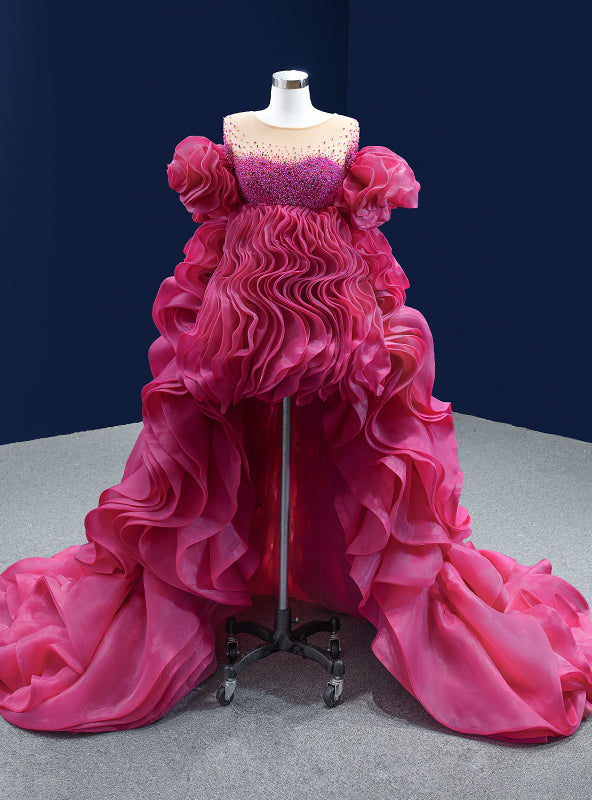 Fuchsia Organza Pearls  Prom Dress