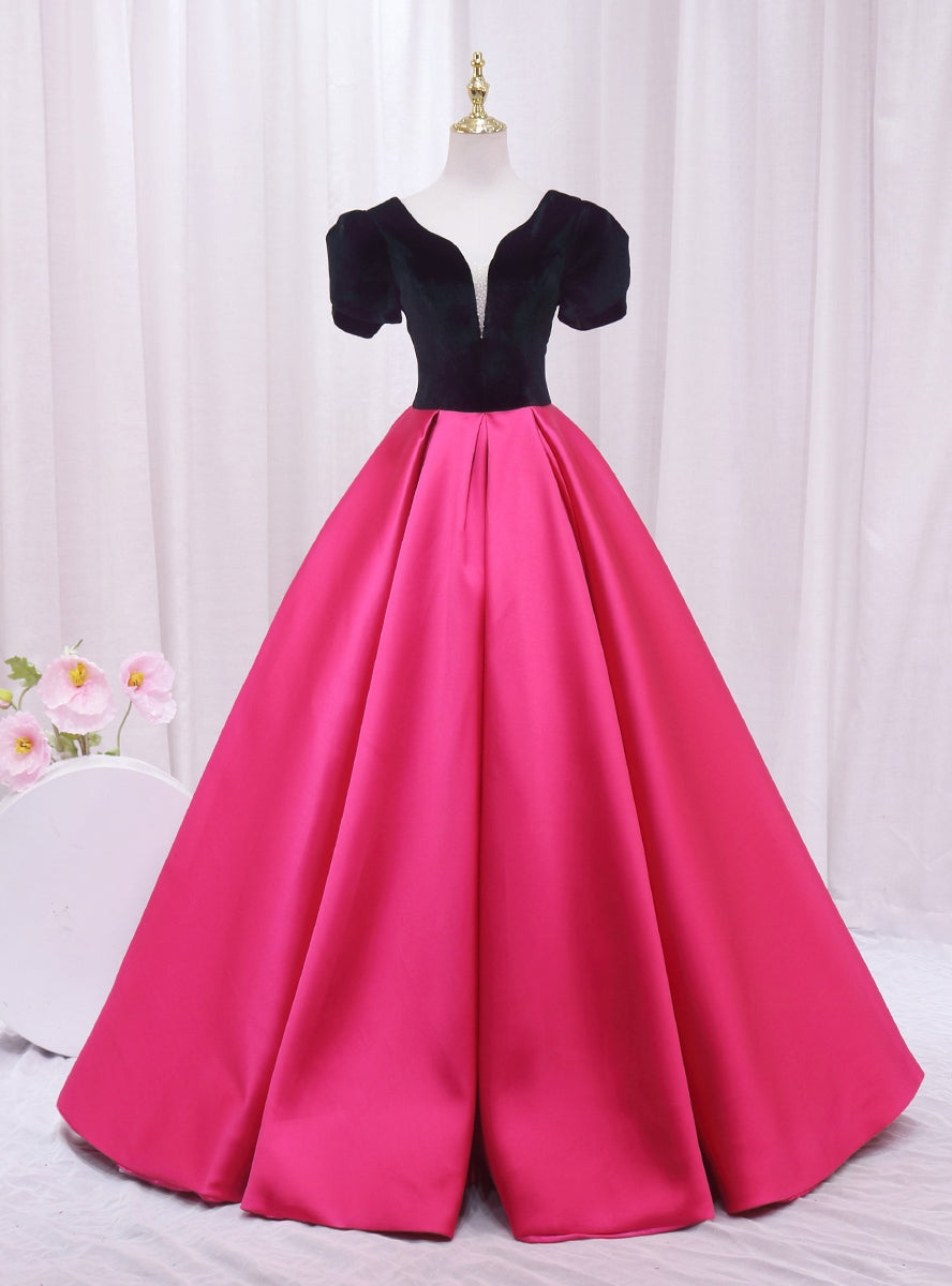 Fuchsia Satin Black Velvet Short Sleeve Prom Dress