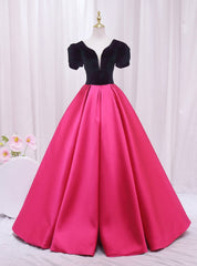 Fuchsia Satin Black Velvet Short Sleeve Prom Dresses