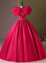 Fuchsia Satin Flower Beading Quinceanera Dresses