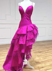 Fuchsia Satin  Spaghetti Straps Feather Prom Dresses