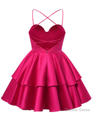 Burgundy Satin Homecoming Dress Sweetheart Neck Tiered Short Graduation Dresses