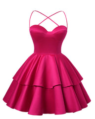 Fuchsia Satin Homecoming Jurk Sweetheart Neck Tiered Short Graduation jurken