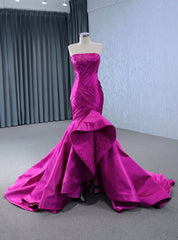 Fuchsia Satin Mermaid  Pleats Prom Dresses