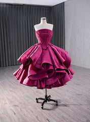 Fuchsia Satin Strapless Pleats Homecoming Dresses