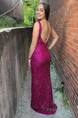 Fuchsia Sequins Backless Sheath Prom Dress