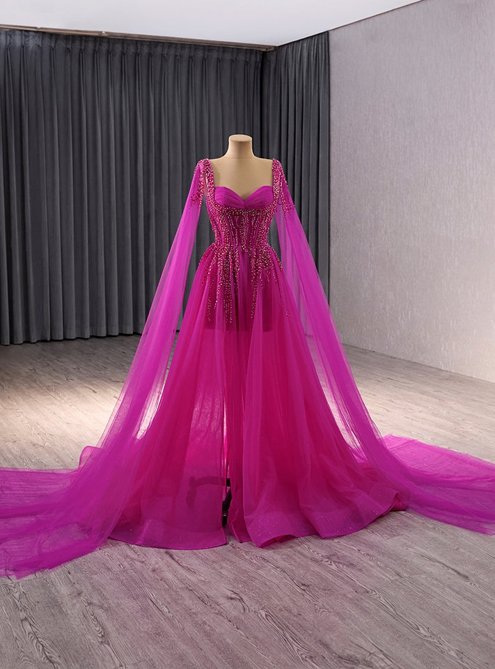 Fuchsia Tulle Square Beading Prom Dress