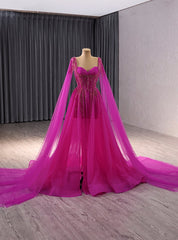 Fuchsia Tulle Square Beading Prom Dresses