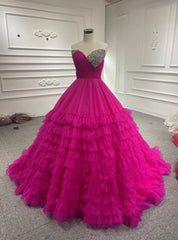 Fuchsia Tulle Sweetheart Beading Prom Dresses