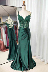 Mermaid Emerald Green Straps Ruched Prom Dresses with Slit