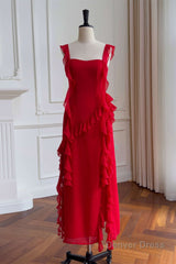 Square Neck Red Ruffle Chiffon Long Party Dress