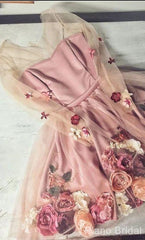 Chic A Line V Neck Hand Made Flower Homecoming Dresses, Unique Short Prom Dresses, Long Sleeve Homecoming Dresses