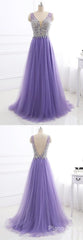 Purple Tulle V Neck Silver Beaded Long Evening Dresses, Purple Halter Prom Dresses