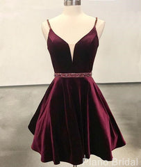 Simple V Neck Velvet Short Burgundy Prom Dresses