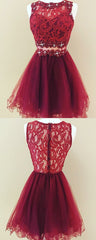 A Line Jewel Short Burgundy Tulle Homecoming Dresses With Lace Sequins