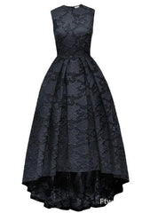 black lace round neck high low sleeveless a line long prom Dresses evening Dresses