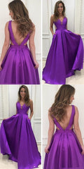 A Line Deep V Neck Backless Purple Satin Prom Dresses With Pockets