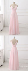 pink v neck chiffon long prom dress evening dress